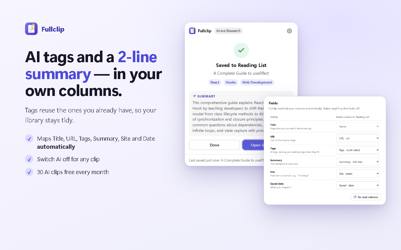 Fullclip after saving: AI tags and a two-sentence summary written into the Notion database columns.