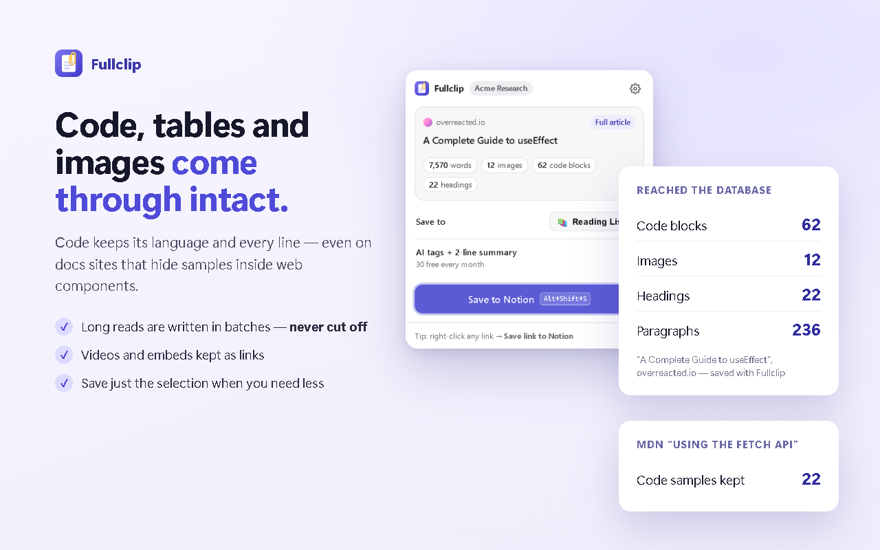Code blocks, tables and images saved as native Notion blocks by Fullclip.