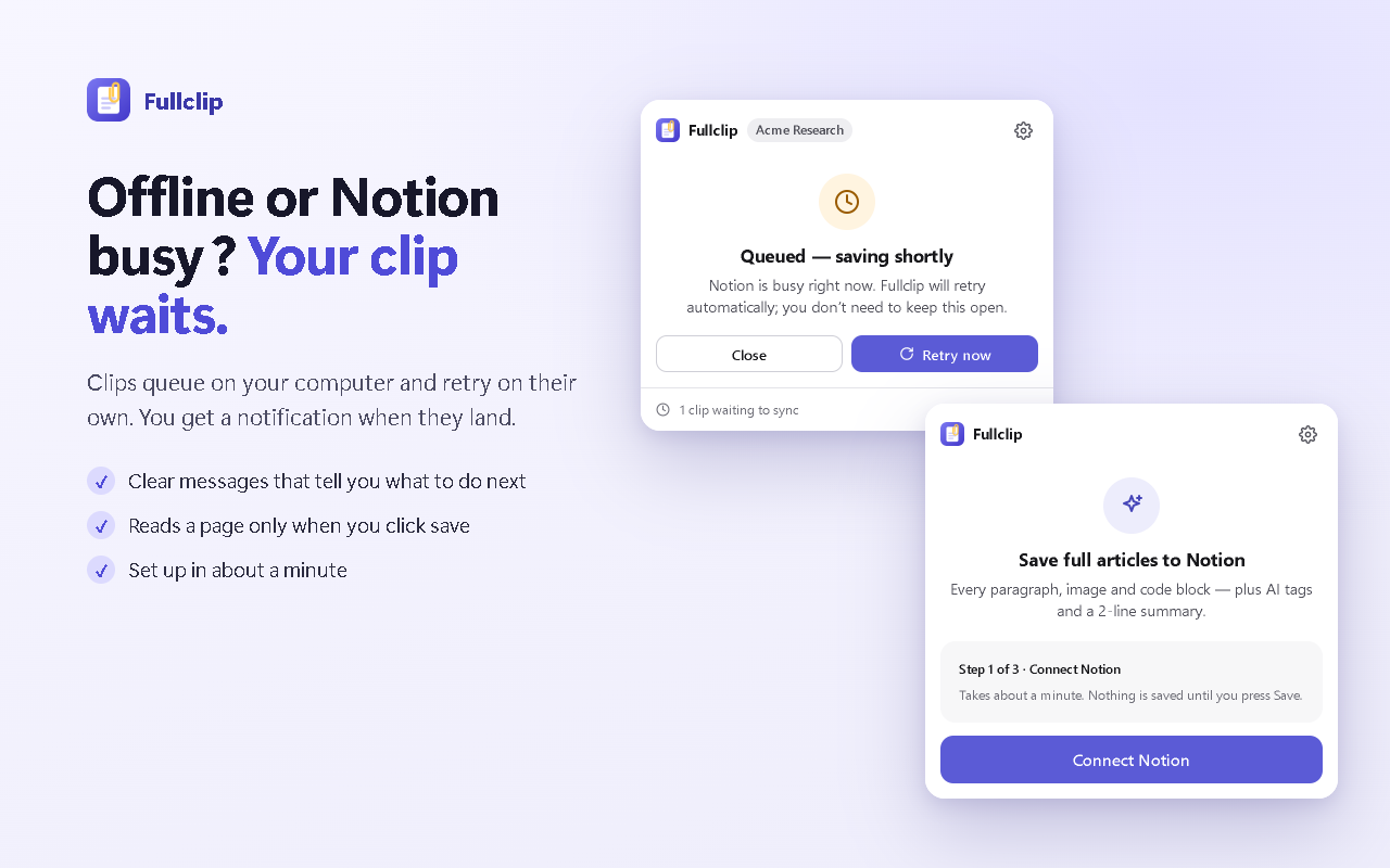 Fullclip offline queue: clips wait and retry automatically when you are offline or Notion is busy.